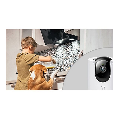 Ein Junge backt in der Küche, ein Hund beobachtet ihn. Eine Sicherheitskamera ist rechts zu sehen.