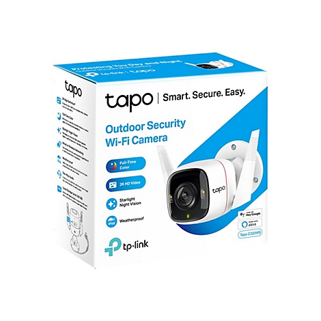 Produktverpackung der TP-Link Tapo C320WS Außen-Überwachungskamera mit 2K-Video und Nachtsicht.