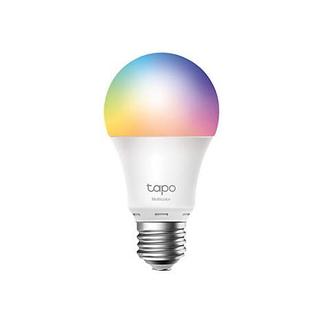 Tapo LED-Lampe mit bunt leuchtendem Glaskopf auf weißem Sockel mit Schraubgewinde.
