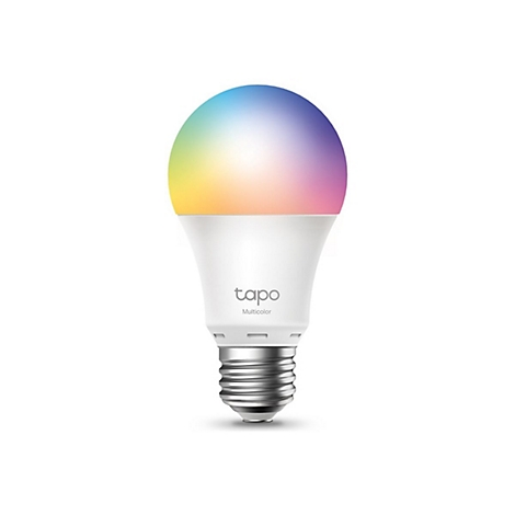 Eine Glühbirne, die in verschiedenen Farben leuchtet. Oben bunt, darunter weiß mit dem Tapo-Logo.
