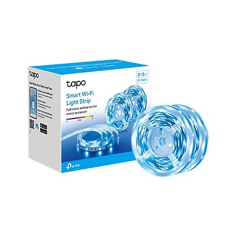 Hellblau leuchtende LED-Lichtleiste von Tapo. Auf der Verpackung steht "Smart Wi-Fi Light Strip".