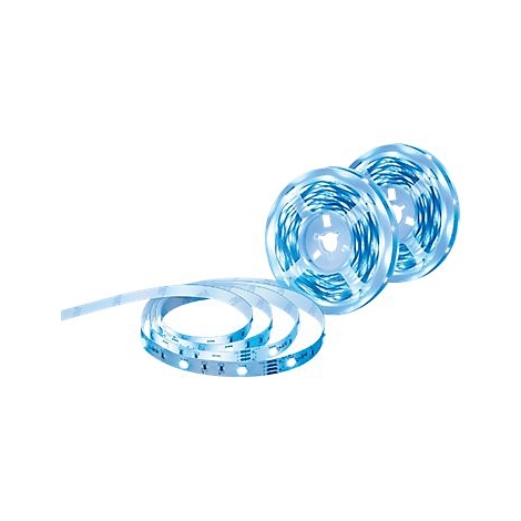 Zwei blaue LED-Lichtbänder auf weißen Spulen und ein abgerolltes Band auf weißem Grund.