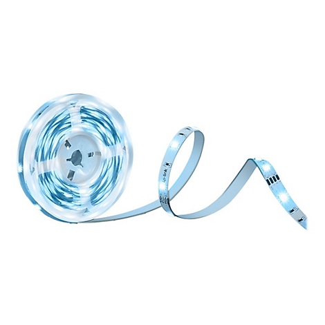 Aufgerollter LED-Lichtstreifen in Hellblau, mit leuchtenden LEDs, Teilweise abgerollt.