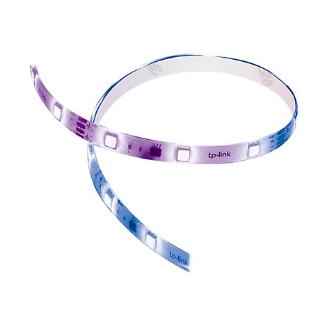 Eine flexible LED-Leiste von tp-link, die ineinander verschlungen ist. Sie leuchtet violett und blau. Auf der Leiste ist der Schriftzug tp-link zu sehen.