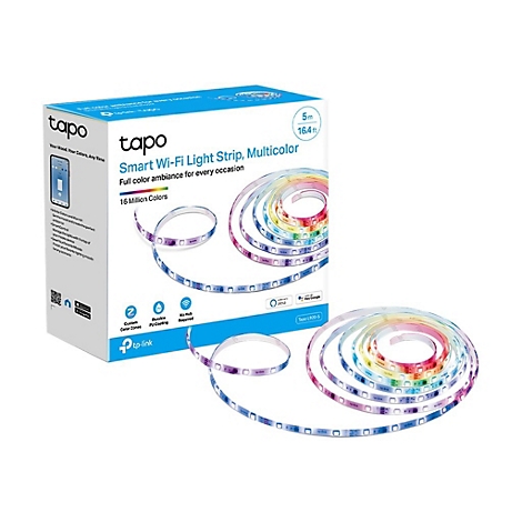 Hellblaue Verpackung der Tapo Smart Wi-Fi Lichtleiste, daneben die mehrfarbige Lichtleiste, die in Kreisen liegt.