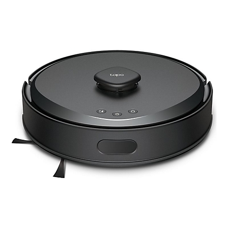 Ein schwarzer Roboter-Staubsauger mit der Aufschrift "tapo" oben drauf, Bürsten an der Seite und drei Knöpfe.