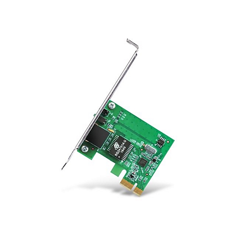 Eine grüne Netzwerkkarte mit PCIe-Anschluss und einer silbernen Metallblende vor weißem Hintergrund.