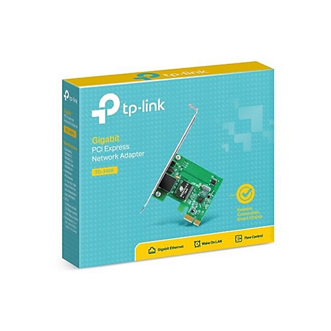 Eine Produktabbildung der TP-Link Gigabit PCI Express Netzwerkadapter-Verpackung mit dem Adapter im Vordergrund.