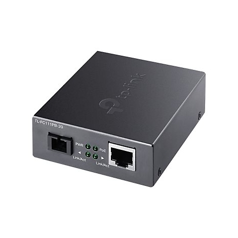 Schwarzer TP-Link Medienkonverter TL-FC111PB-20 mit Glasfaser- und Ethernet-Anschluss sowie Status-LEDs.