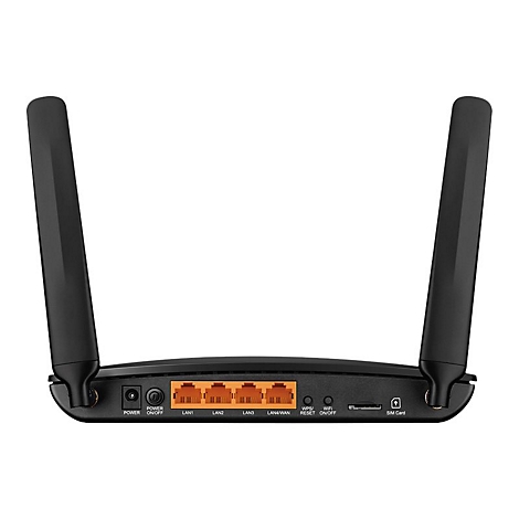 Schwarzer WLAN-Router mit zwei Antennen. Anschlüsse für LAN, Strom und SIM-Karte sind zu sehen.