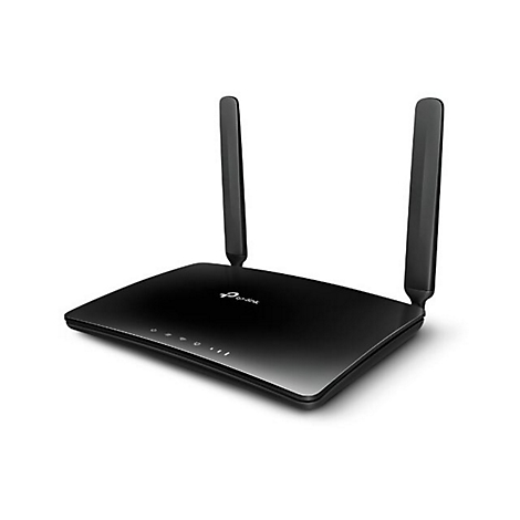Schwarzer Router mit zwei Antennen, TP-Link Logo und LED-Leuchten.