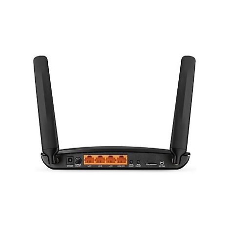 Schwarzer WLAN-Router mit zwei Antennen. Rückseite mit Anschlüssen und Knöpfen.