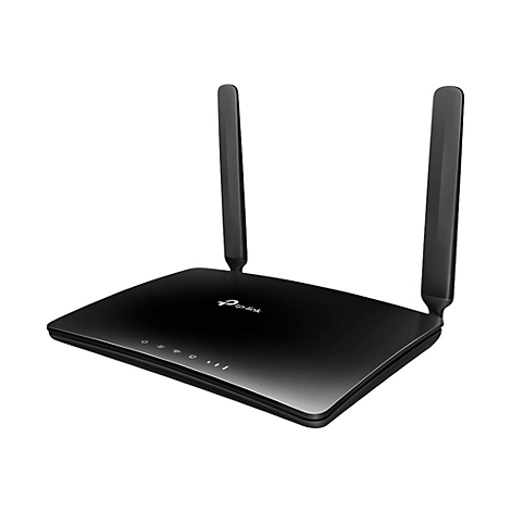Schwarzer WLAN-Router von TP-Link. Zwei Antennen stehen aufrecht. Leuchtende LEDs zeigen den Status an.