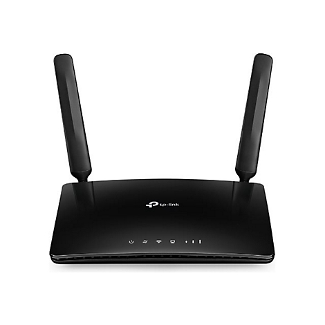 Schwarzer WLAN-Router mit zwei schwarzen Antennen, darunter LEDs und das tp-link Logo.