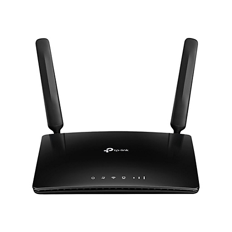 Schwarzer WLAN Router mit zwei Antennen, die nach oben zeigen. Auf der Oberseite befinden sich LED-Anzeigen und das TP-Link Logo.