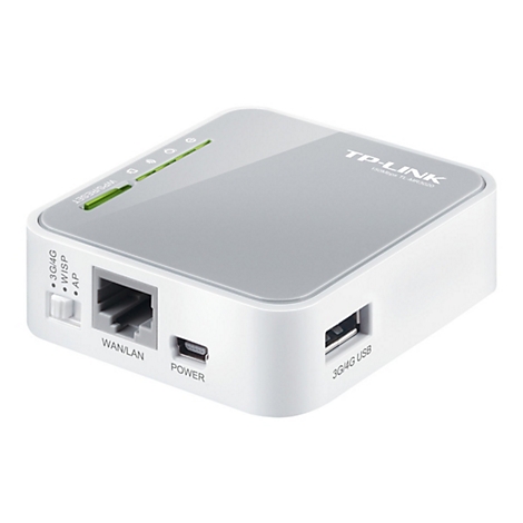 Un routeur TP-Link blanc avec un dessus gris. L'avant comporte des ports et des commutateurs pour diverses fonctions.