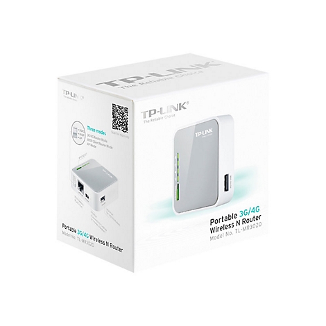 Routeur TP-Link blanc, dans une boÃ®te blanche avec description du produit. Le routeur est reprÃ©sentÃ© sur la boÃ®te.