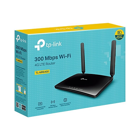 Ein schwarzer TP-Link 4G LTE Router TL-MR6400 auf einem hellblauen Hintergrund in seiner Verpackung. Die Verpackung zeigt Produktinformationen und Logos.