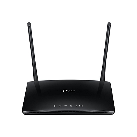 Schwarzer TP-Link Router mit zwei Antennen, Logo, und Kontrollleuchten.