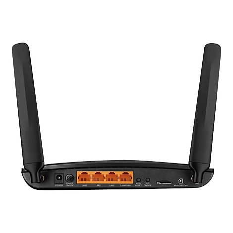 Schwarzer Router, zwei Antennen, Anschlüsse für LAN, Strom, WiFi und Micro-SIM-Karte.