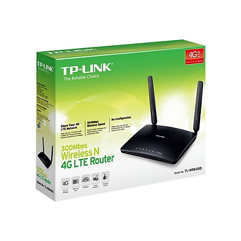 Schwarzer TP-Link 4G LTE Router, verpackt in einer grünen Schachtel mit Produktinformationen und technischen Daten.