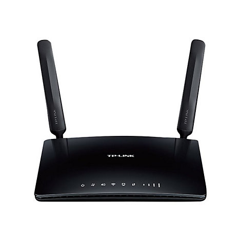 Schwarzer TP-Link WLAN Router mit zwei Antennen, vor weißem Hintergrund. Auf der Oberfläche sind Symbole und das Logo sichtbar.