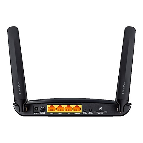 Schwarzer Router mit zwei Antennen; Anschlüsse und Schalter beschriftet.