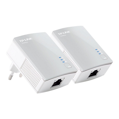 Zwei weiÃŸe TP-Link Netzwerkadapter mit blauen LEDs und RJ45-AnschlÃ¼ssen.