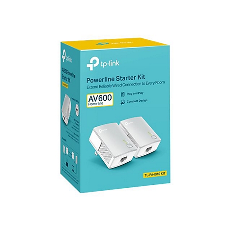 Hellblaue Schachtel mit tp-link Schriftzug. EnthÃ¤lt Powerline Starter Kit. Zwei weiÃŸe Adapter liegen davor.