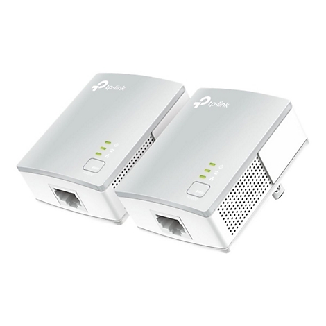 Zwei weiÃŸe TP-Link Powerline-Adapter mit Ethernet-AnschlÃ¼ssen und LED-Anzeigen auf weiÃŸem Hintergrund.