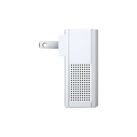 Seitenansicht eines weiÃŸen Netzadapters mit Stecker, LÃ¼ftungsschlitzen.