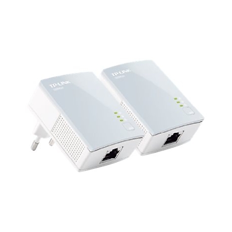Zwei weiÃŸe TP-Link-Netzwerkadapter auf weiÃŸem Hintergrund, jeweils mit Netzwerkanschluss und grÃ¼nen Status-LEDs.