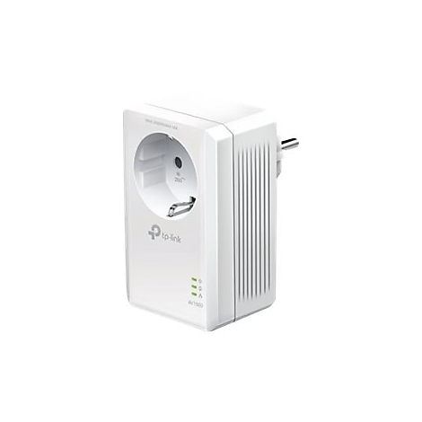 Weißer Powerline-Adapter von TP-Link mit Steckdose und LED-Anzeigen vor weißem Hintergrund.