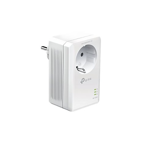 Weißer TP-Link Powerline-Adapter mit Steckdose vor weißem Hintergrund.