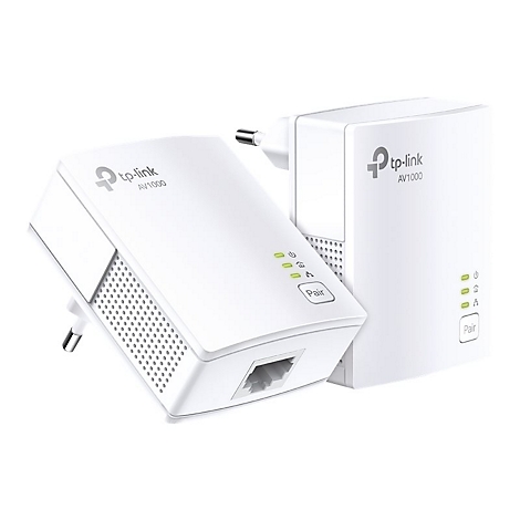Zwei weiße TP-Link AV1000 Powerline Adapter. Beide Geräte sind im Detail zu sehen, mit LED-Anzeigen und der Bezeichnung 'Pair'.