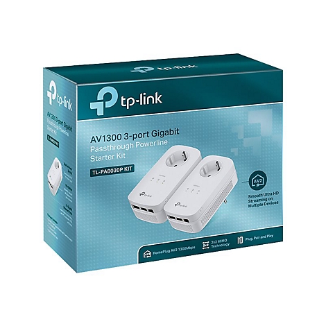 Eine Produktverpackung von TP-Link mit zwei weißen Powerline Adaptern und der Aufschrift "AV1300 3-Port Gigabit".