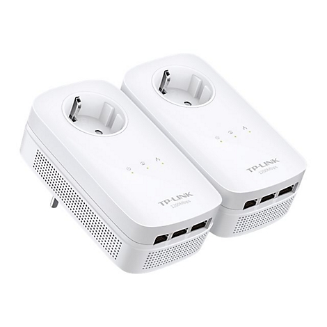 Zwei weiße TP-Link Powerline-Adapter, mit Steckdose und Ethernet-Ports, vor weißem Hintergrund.