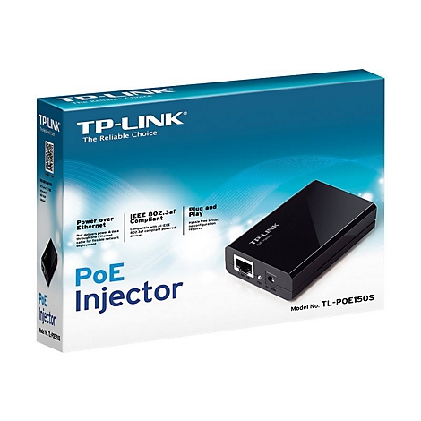 Produktverpackung eines schwarzen TP-Link PoE-Injektors TL-POE150S mit blauen Akzenten.
