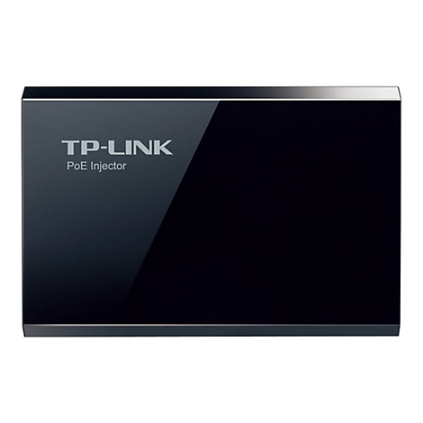 Schwarzer TP-Link PoE Injector. Mit Logo und Beschriftung: TP-Link, PoE Injector. Glänzende Oberfläche, rechteckige Form.