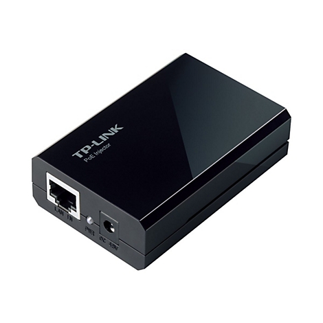 Schwarzer TP-Link PoE Injector mit Netzwerkkabel-Anschluss. Aufschrift: TP-Link, PoE Injector.