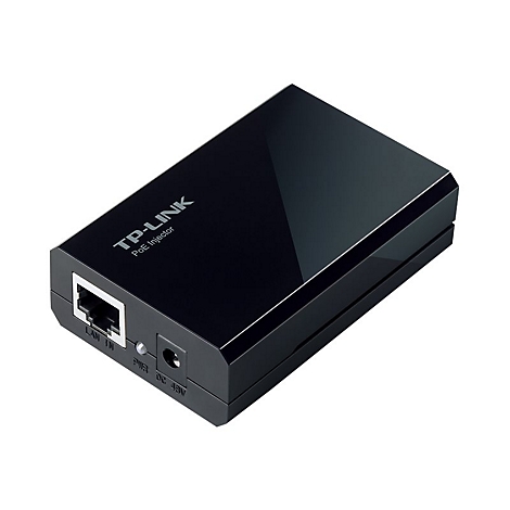 Schwarzer TP-Link PoE-Injektor mit LAN- und Stromanschluss auf weißem Hintergrund.