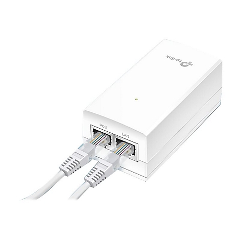 WeiÃŸes TP-Link PoE-Netzteil mit zwei eingehenden Netzwerkkabeln. Beschriftungen: POE, LAN. Leuchtpunkt.