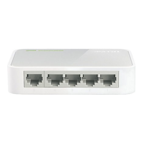Commutateur rÃ©seau blanc Ã  5 ports. Connecteurs gris numÃ©rotÃ©s, indicateur LED vert en haut.