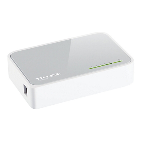 Commutateur TP-Link blanc et gris. LEDs vertes et logo TP-Link sur le dessus.