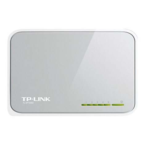 Un switch TP-Link blanc et gris. Dessus lisse, voyants LED verts en bas et logo.