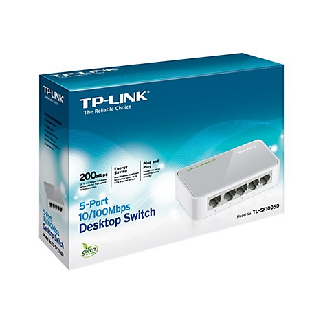 Ein weiÃŸer TP-Link 5-Port-Desktop-Switch liegt neben der blauen Verpackung, auf der Produktinformationen stehen.
