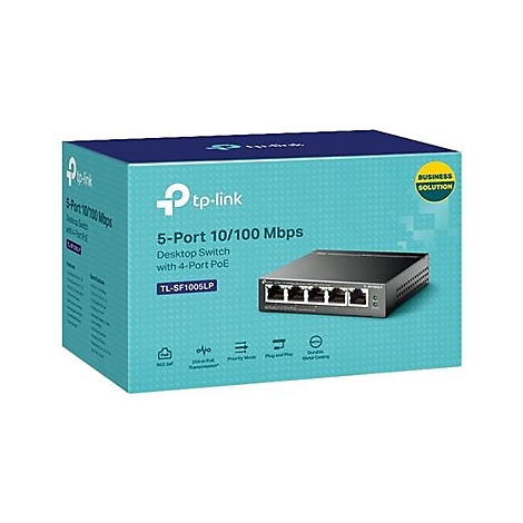 Eine Produktbox mit einem schwarzen Netzwerk-Switch von tp-link. Auf der Box stehen Produktinformationen und das Logo. Im Bild ist der Switch zu sehen.
