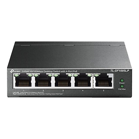 Ein grauer 5-Port-Desktop-Switch von TP-Link. Er hat 5 Ethernet-Ports, zwei grÃ¼ne Kontrollleuchten und die Aufschrift TL-SF1005LP.