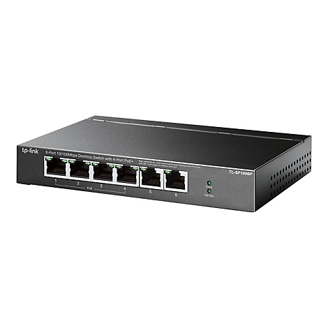 Schwarzer Netzwerk-Switch mit sechs Ports und Beschriftungen: TP-Link, TL-SF1006P. Die Front hat sechs Ports, Leuchten und SchriftzÃ¼ge.