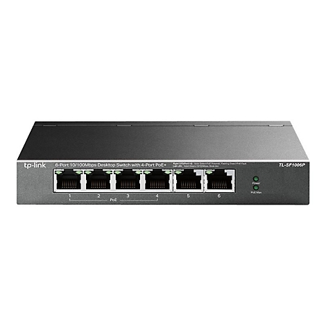 Ein grauer Netzwerkswitch mit sechs Ports, die mit Netzwerkkabeln verbunden werden kÃ¶nnen. Der Switch hat die Aufschrift tp-link und TL-SF1006P.